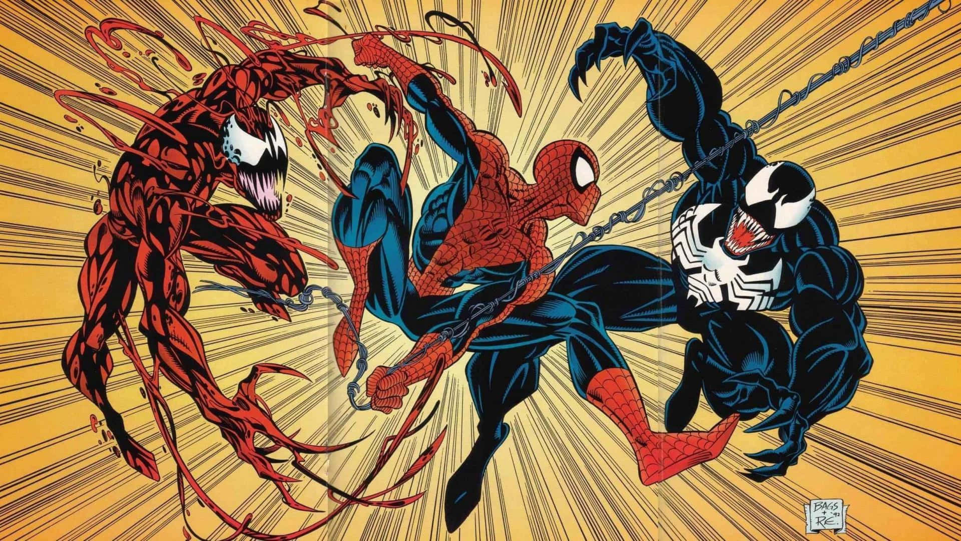 Spider - Man And Venom Fighting In The Comics Background