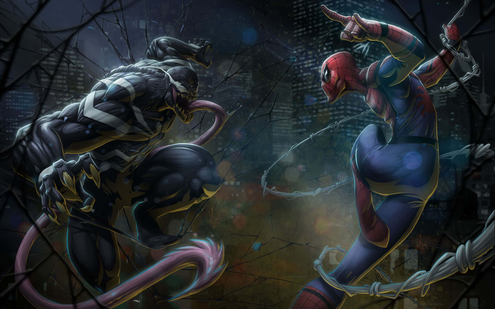 Spider Man And Venom Fighting In The Dark