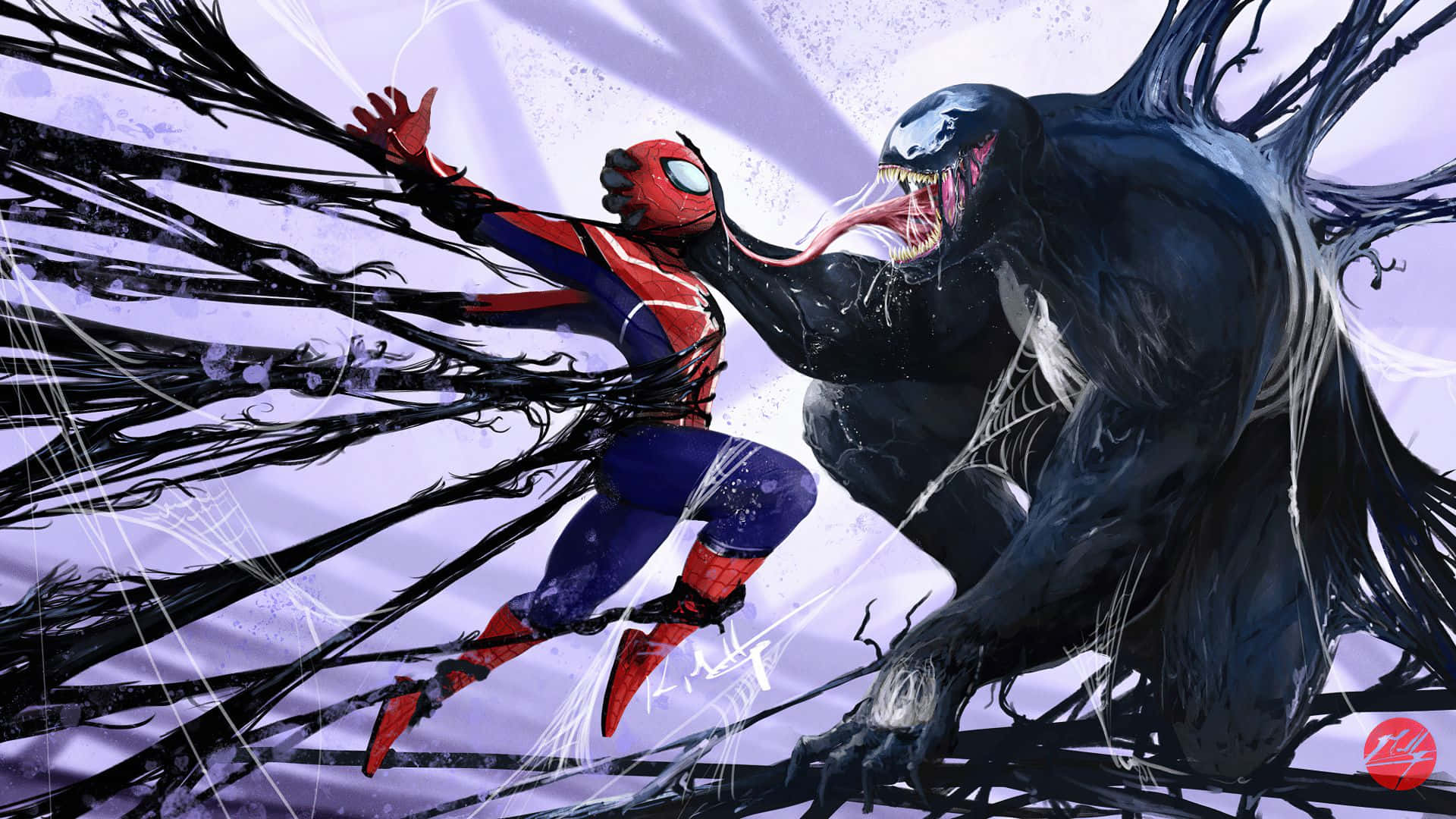 Spider Man And Venom Fighting In The Spider Web