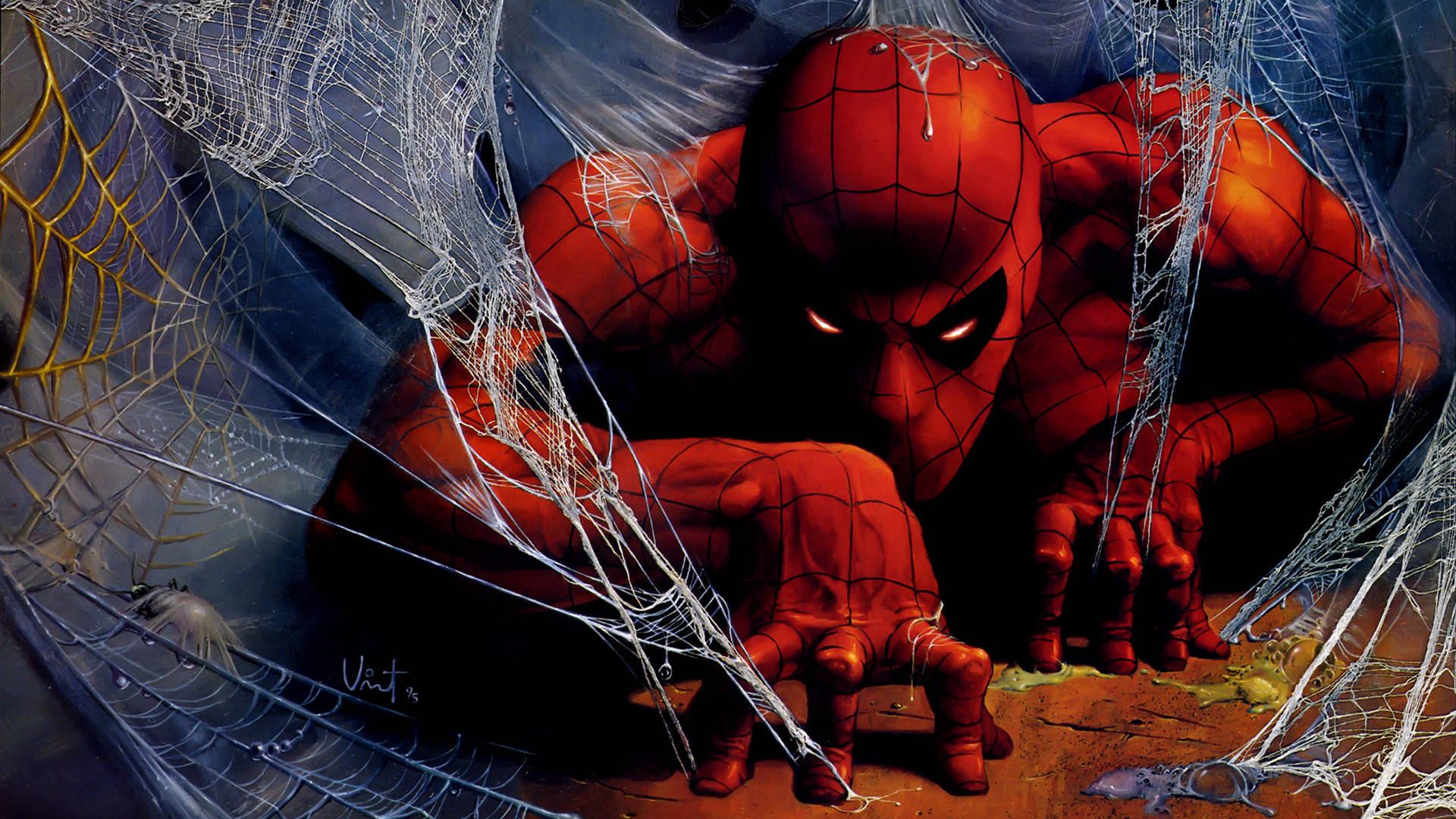 Spider Man Crawling With His Webs Background