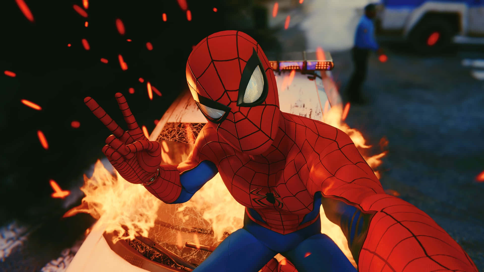 Spider Man Ps4 4k Peace Pose Fire Explosion Background