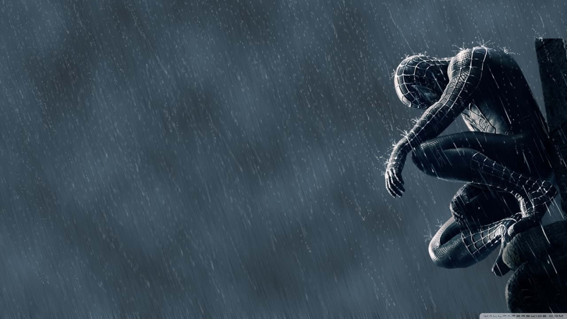 Spider Man Sitting On A Bench In The Rain Background