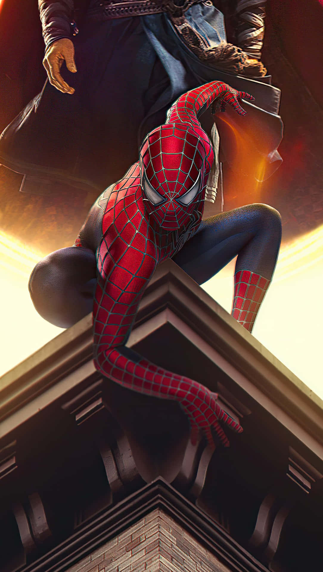 Spider Man Trilogy Posing On Building Dr Strange Background