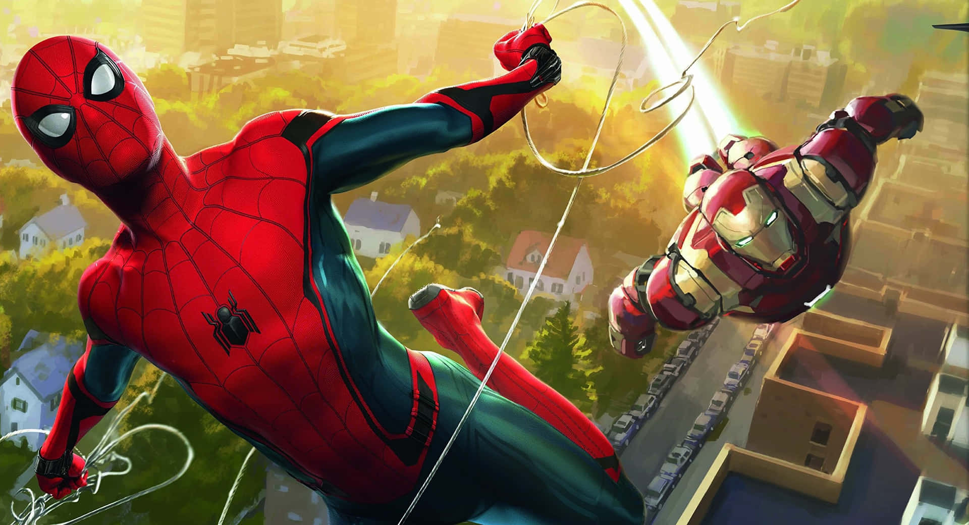 Spiderman And Iron Man Partners In Superhero Adventures Background