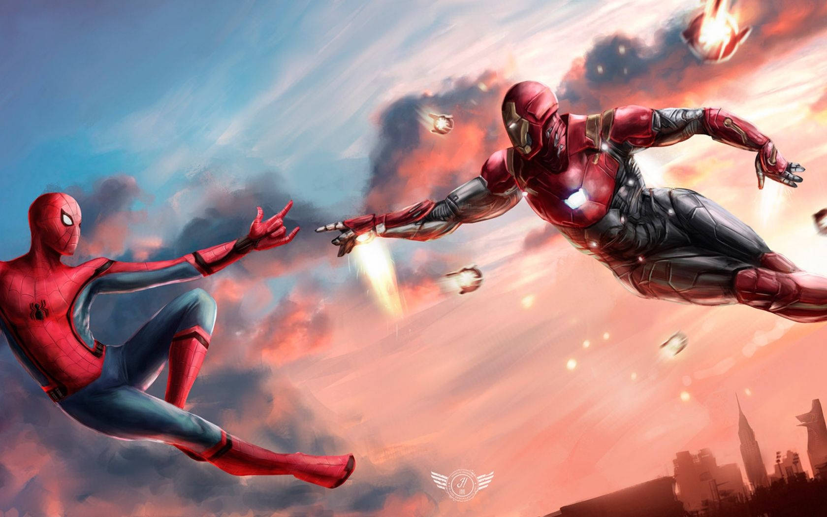 Spiderman And Iron Man Together In Action Background