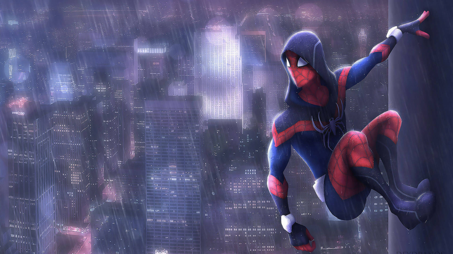 Spiderman On The Building In Rainy Day Background