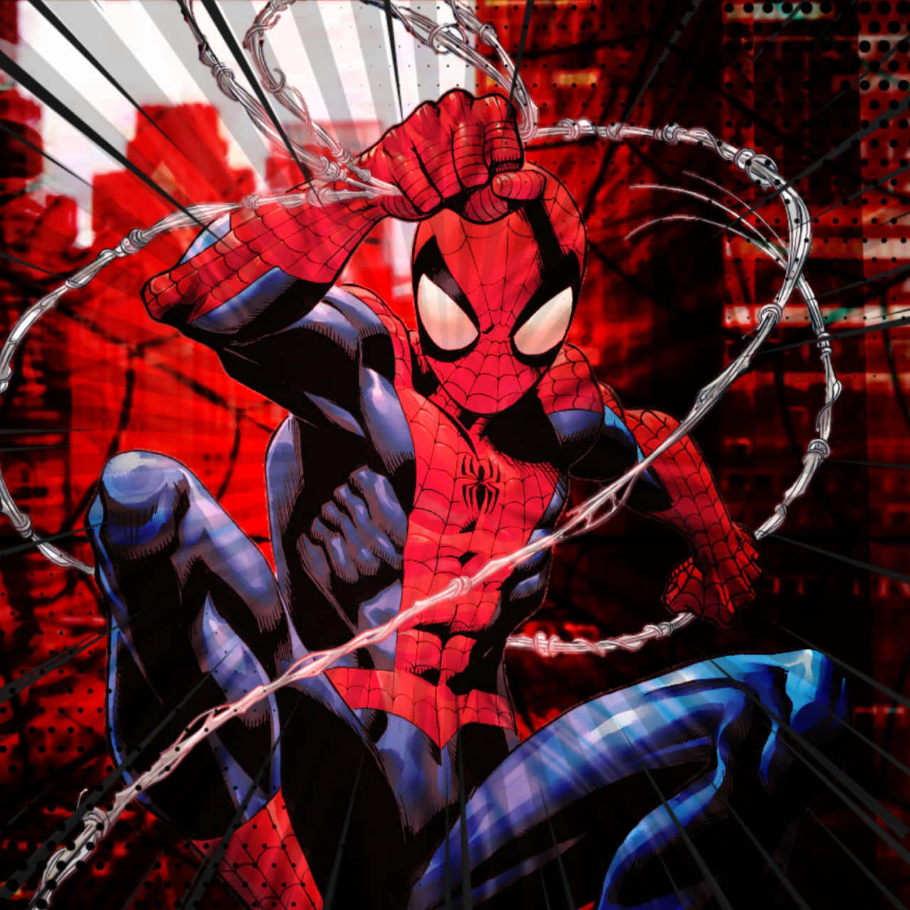 Spiderman Pfp Clinging On His Web Background