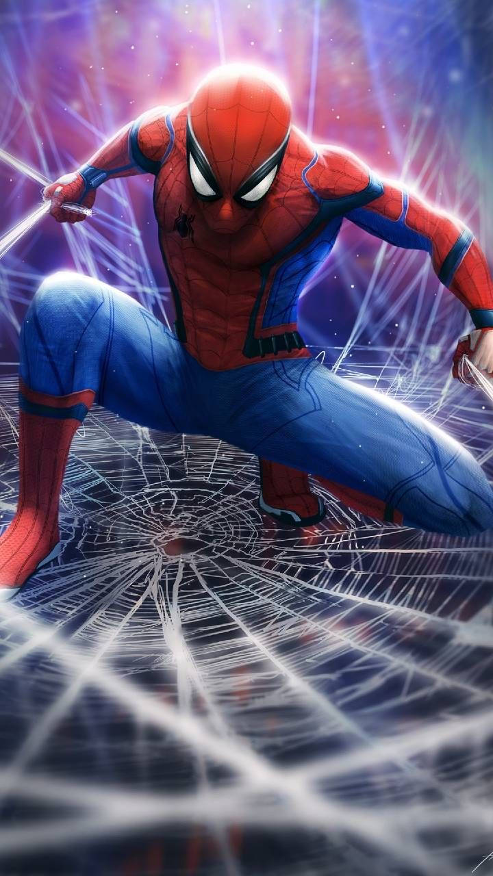 Spiderman Swinging Between Skyscrapers On A Web Background