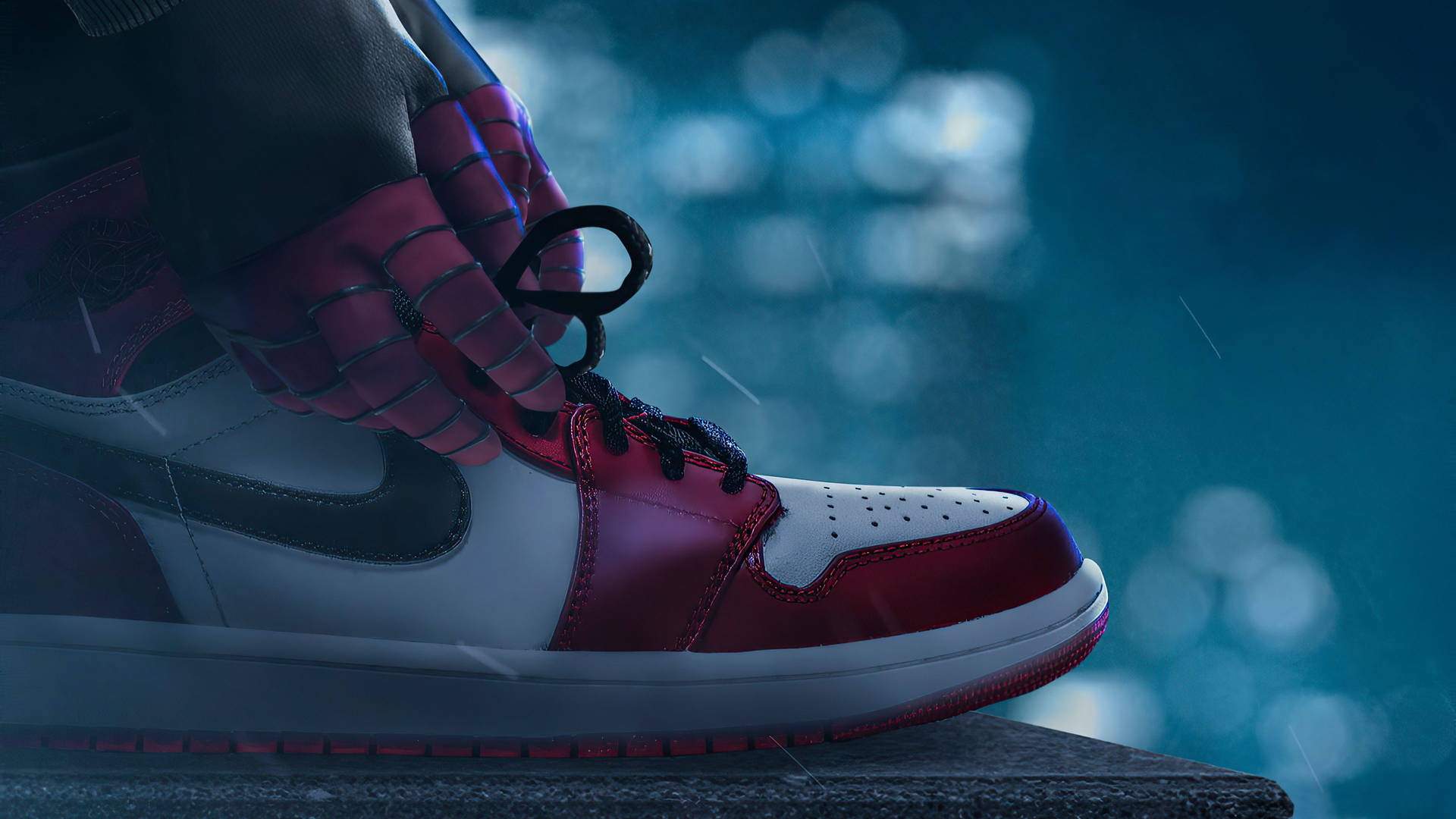 Spiderman Tying His Nike Air Jordan 1 Background
