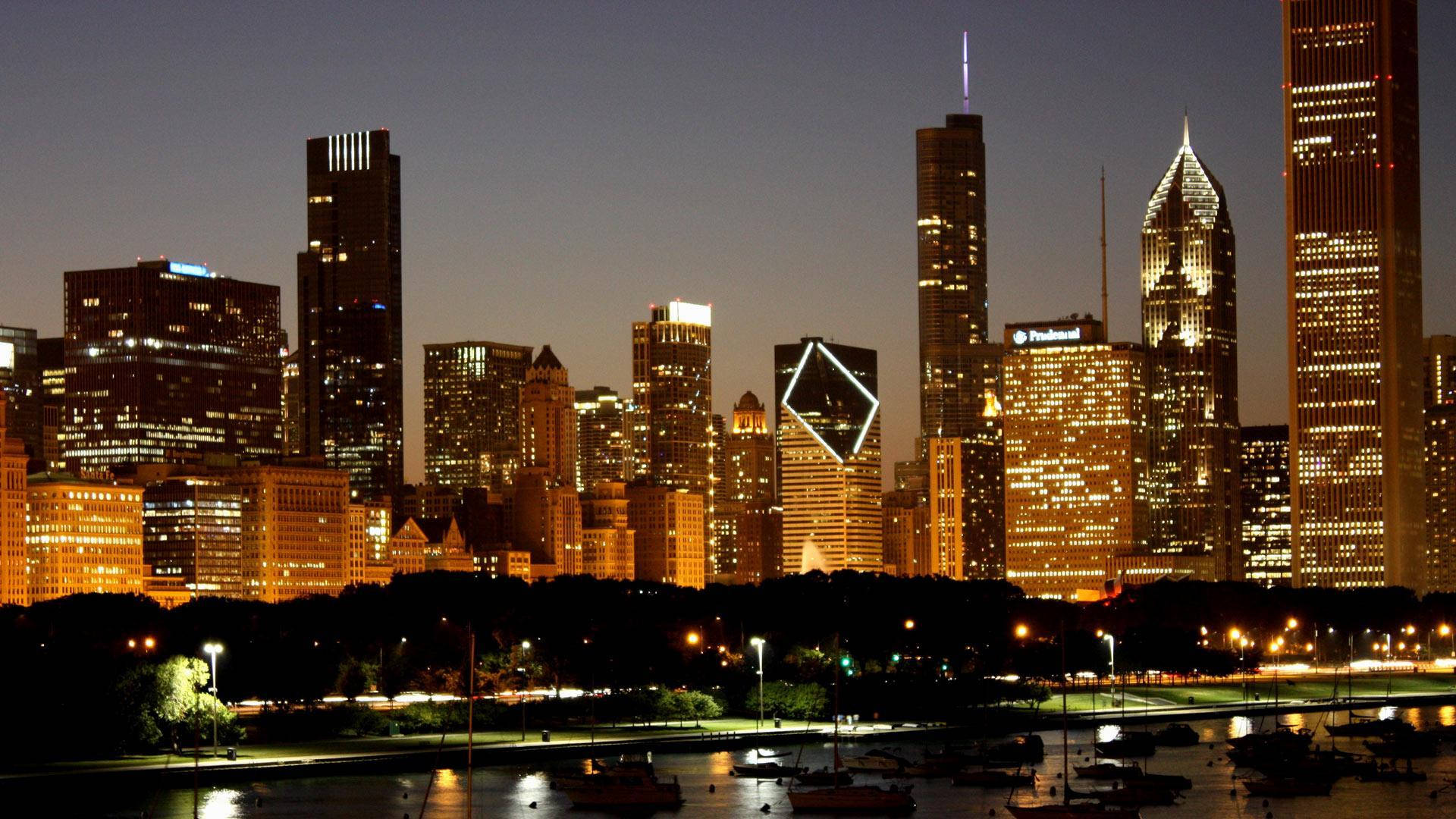 Splendid Sunset Chicago Skyline Skyscrapers Background