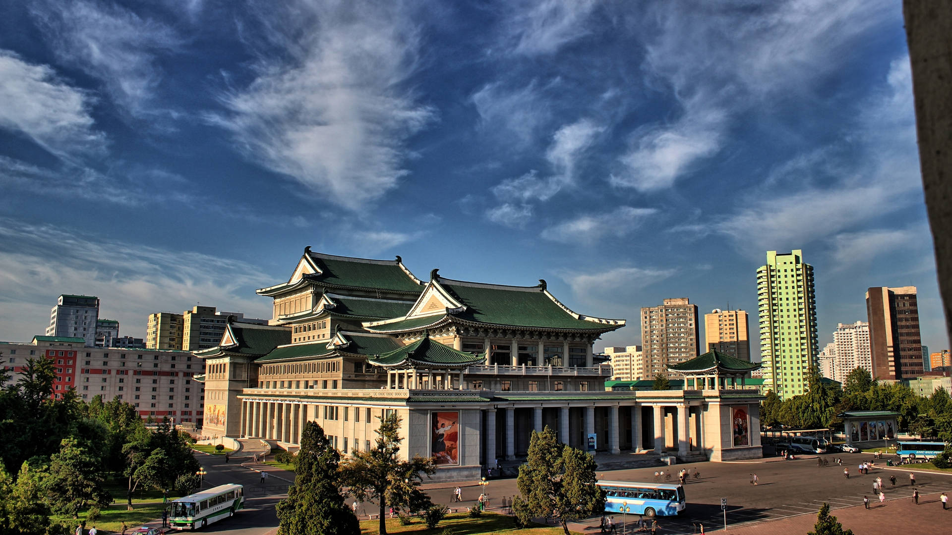 Splendid View Of Pyongyang Grand Theatre Under The Blue Sky Background