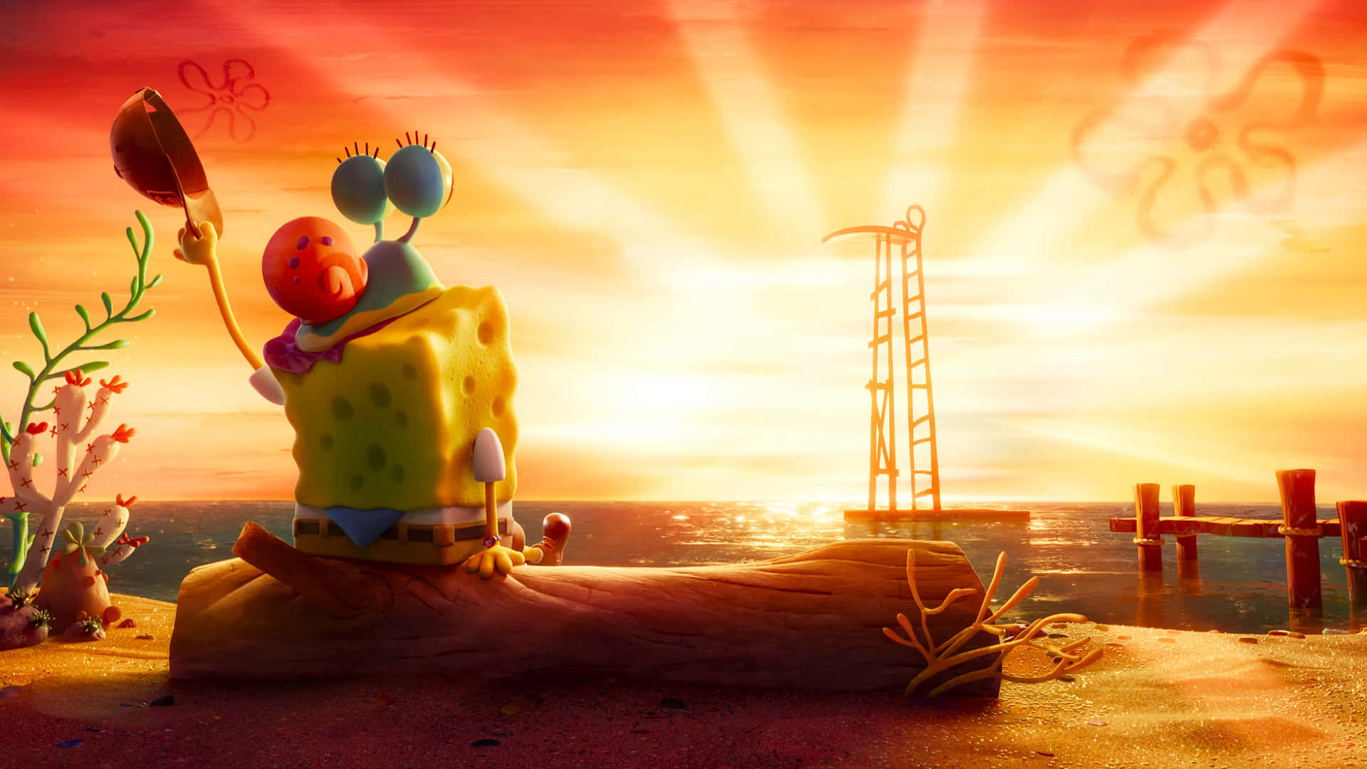 Sponge Bob Saluting Sunrise Background