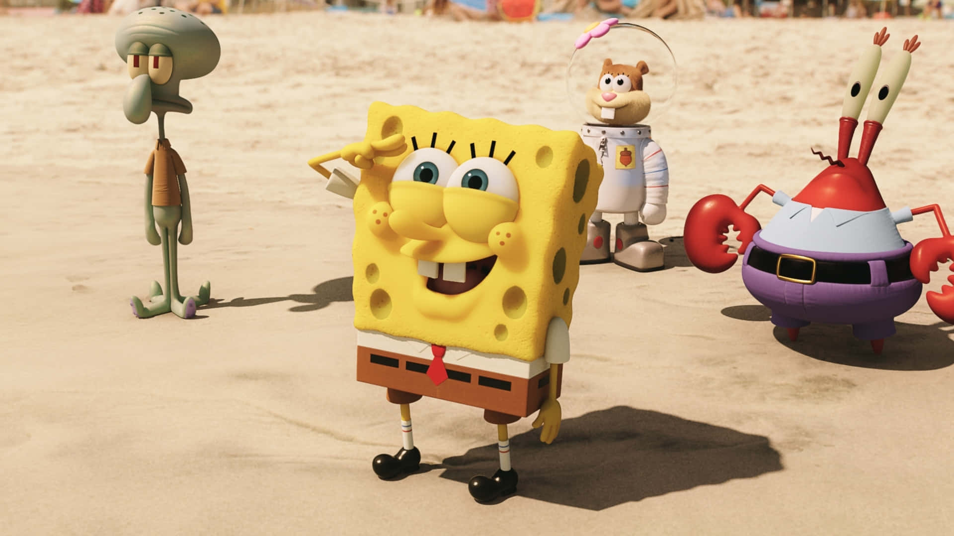 Sponge Bob_ Square Pants_ Movie_ Characters_ On_ Beach Background