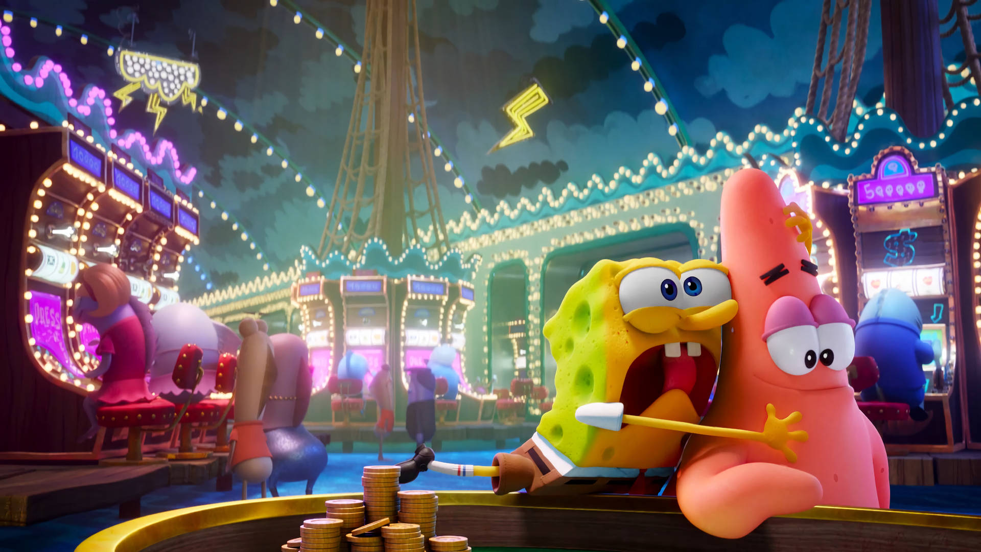 Spongebob And Patrick At A Casino Background