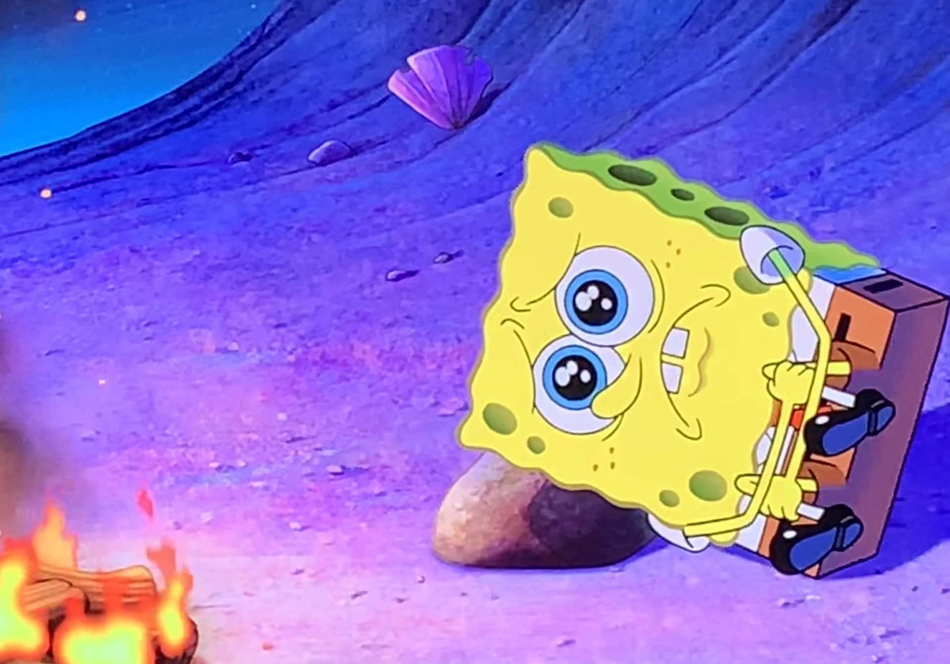 Spongebob Crying In Front Of Campfire Background