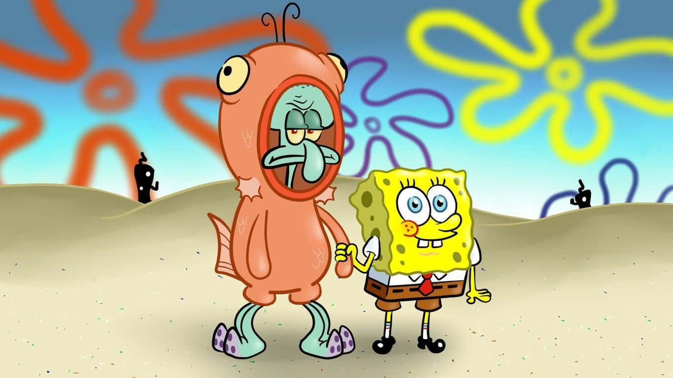 Spongebob Squarepants And A Cartoon Character Standing In The Sand