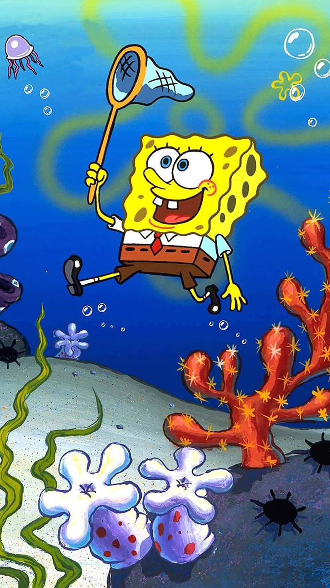 Spongebob With Net Jellyfish Fields Background