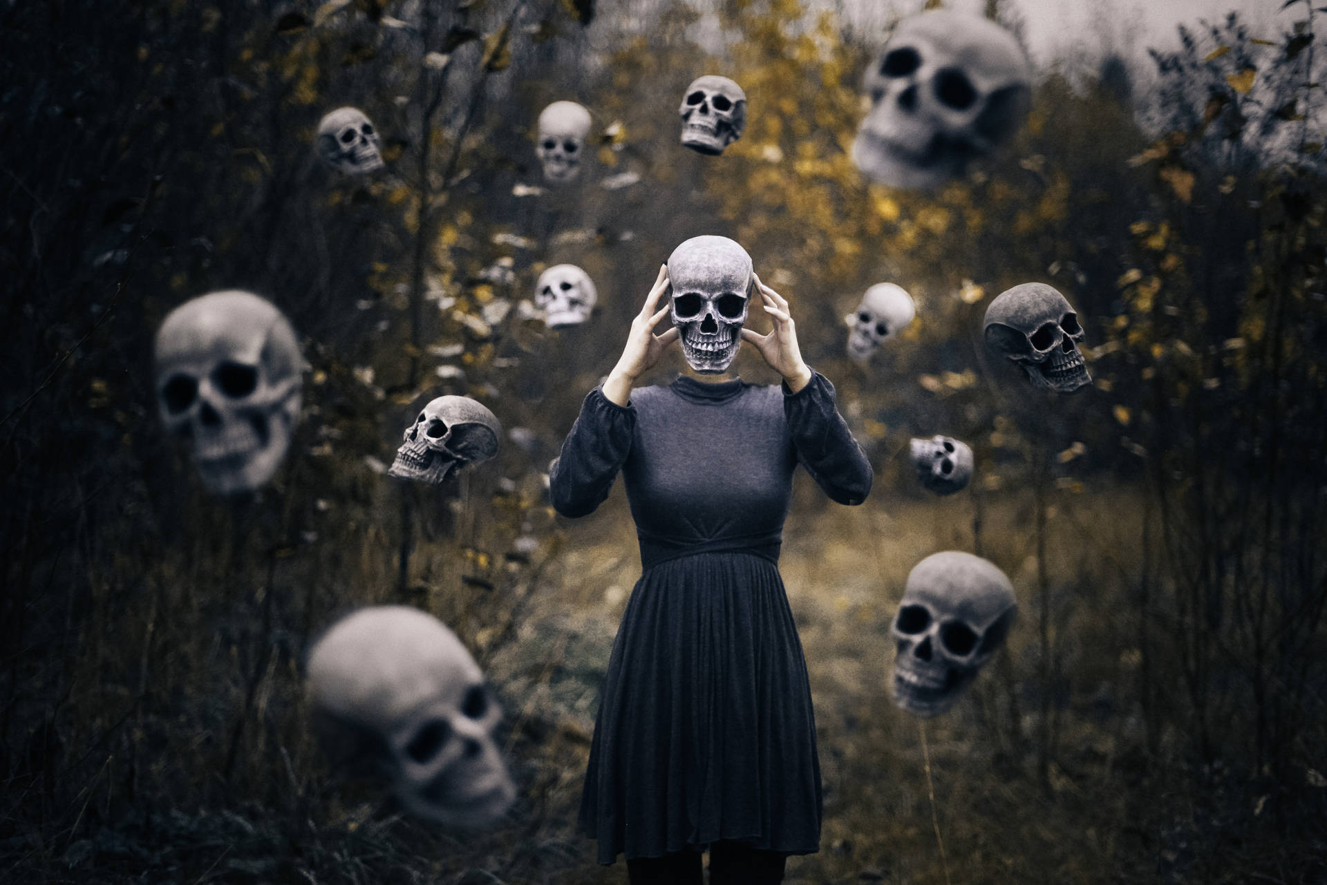 Spooky Aesthetic Skull In Black Dress Background