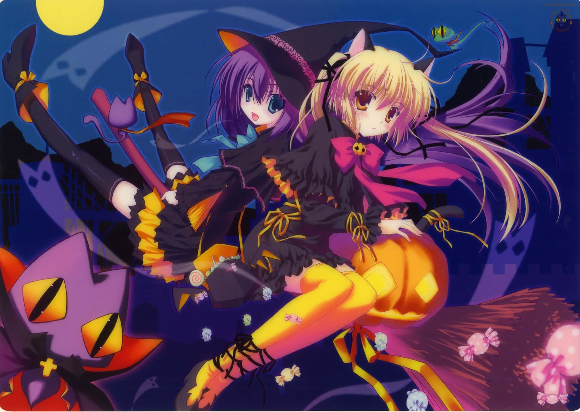 Spooky Halloween Anime Girl With Ghostly Sidekick Background