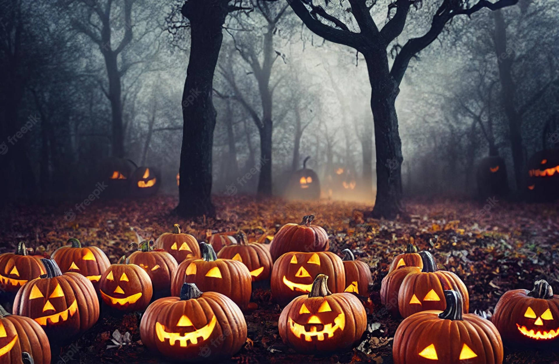 Spooky Halloween Pumpkin Sitting On A Leafy Bed Background