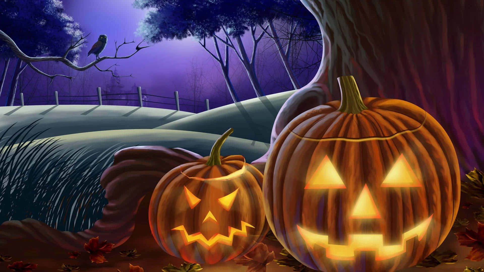 Spooky Halloween Pumpkins Night Scene Background