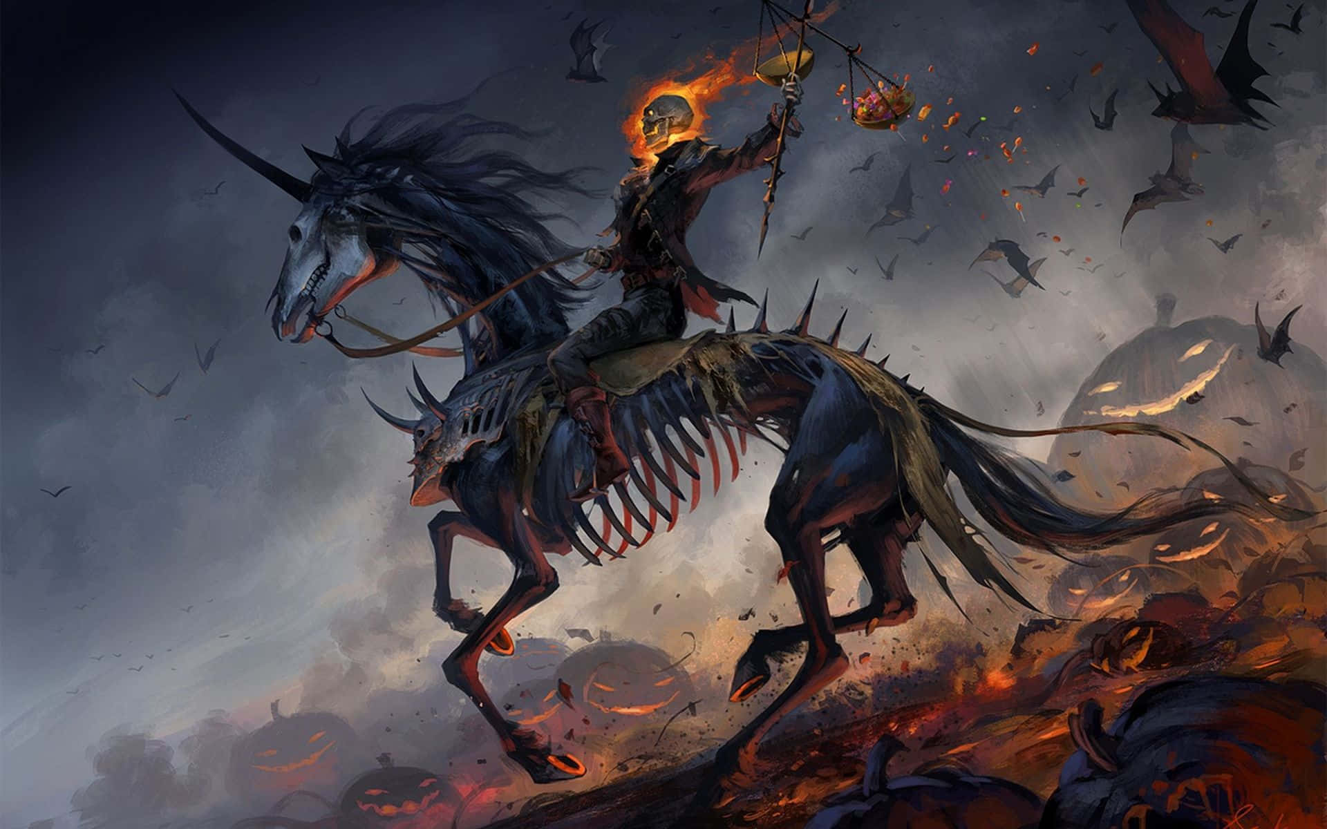 Spooky Halloween Skeleton Grinning In The Darkness Background