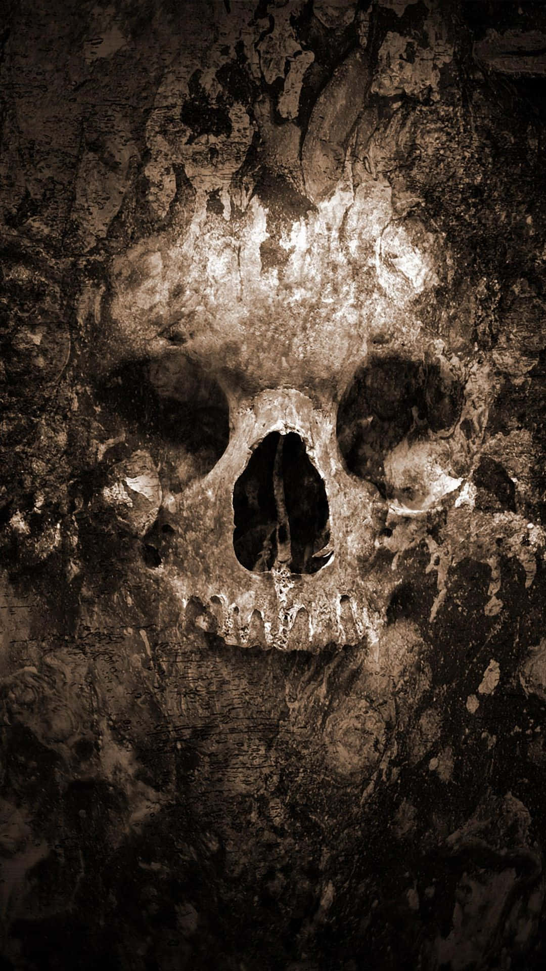 Spooky Halloween Skeleton Grinning In The Darkness Background