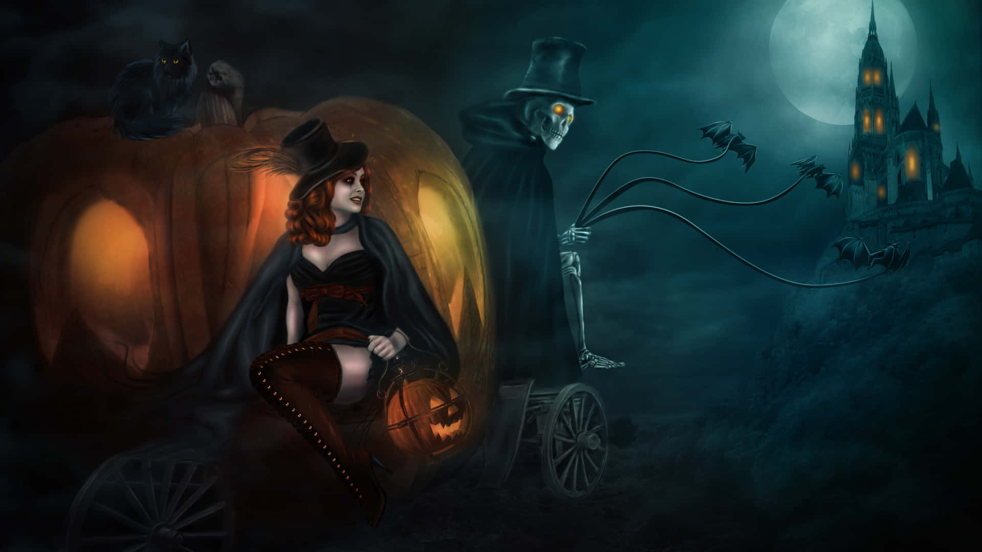 Spooky Halloween Skeleton Grinning In The Moonlight Background