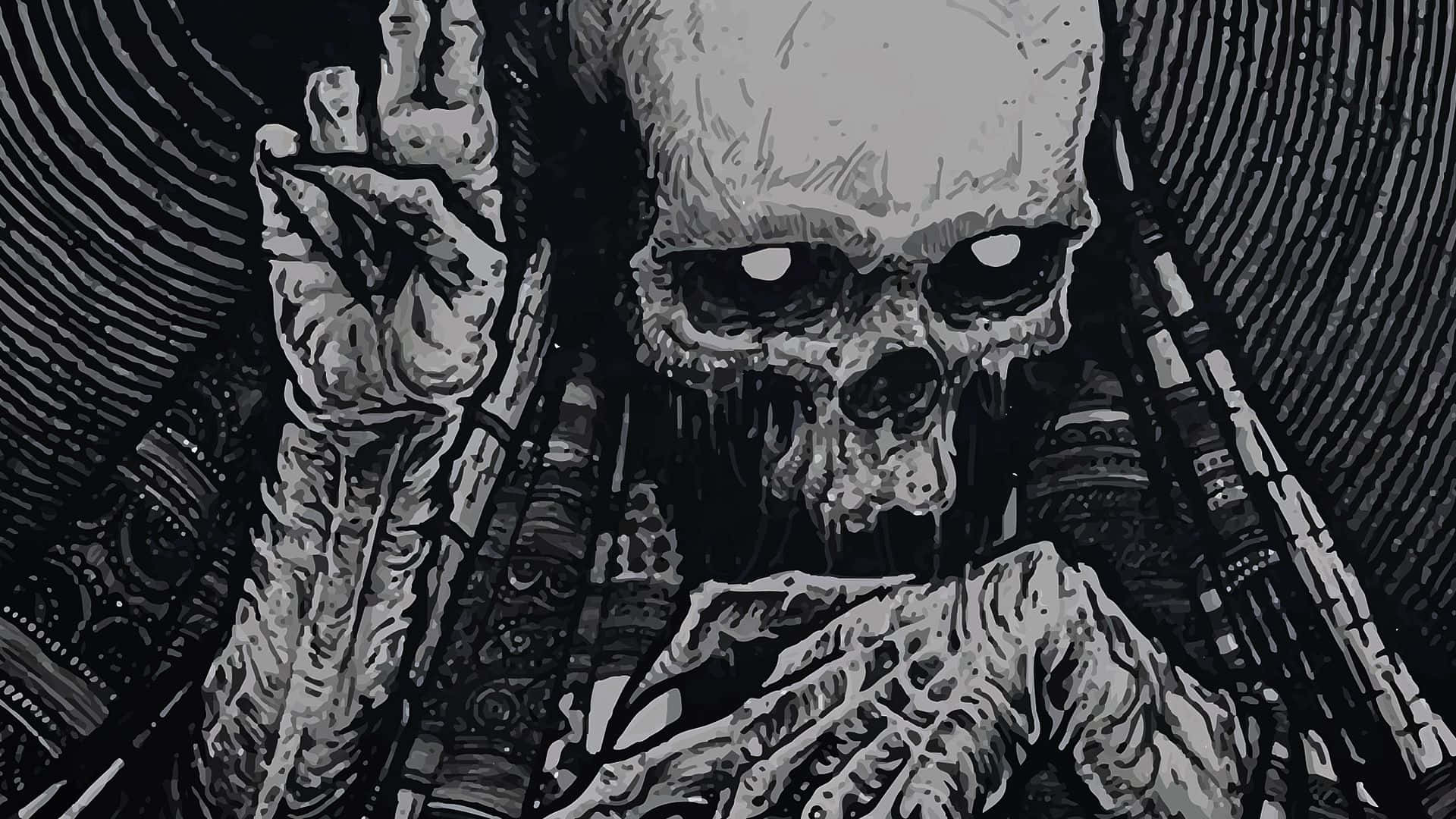 Spooky Halloween Skeleton Sitting On Tombstone Background