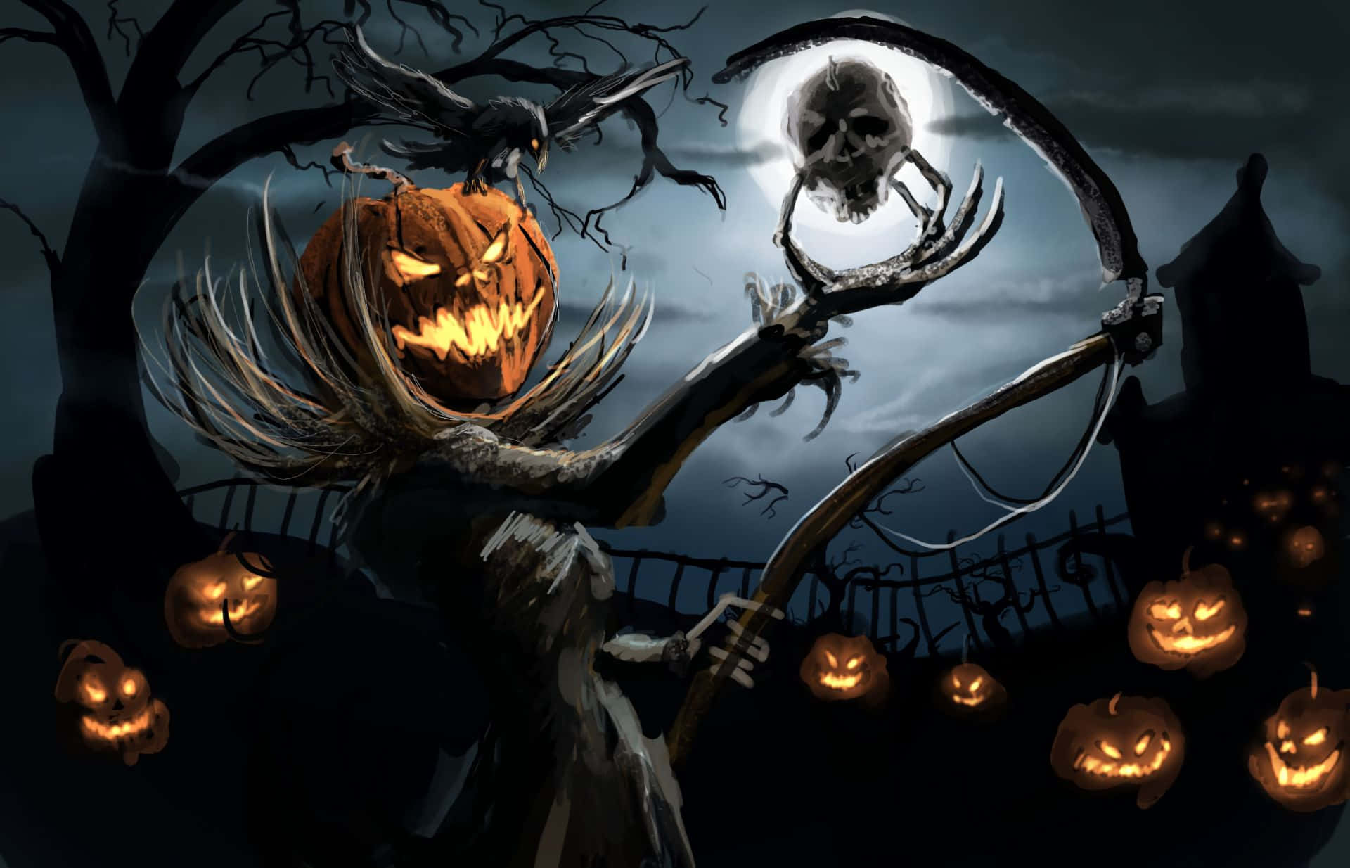 Spooky Jack O Lantern Scythe Figure Background