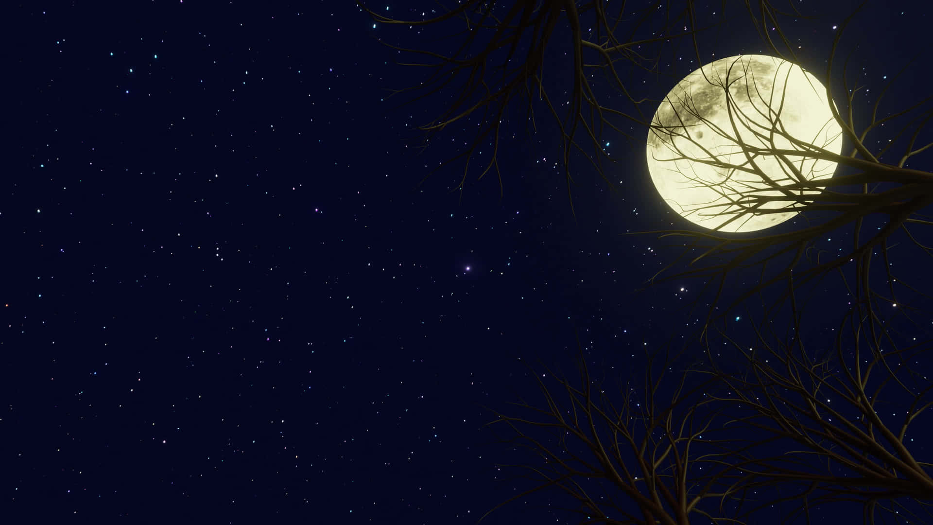 Spooky Tree Yellowish Night Sky Moon Background