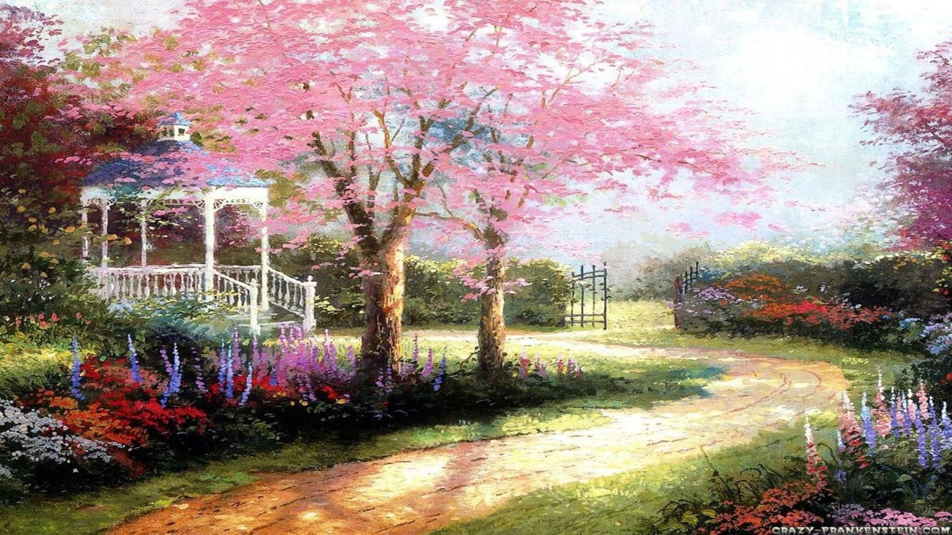 Spring Desktop Sakura Tree Painting Background