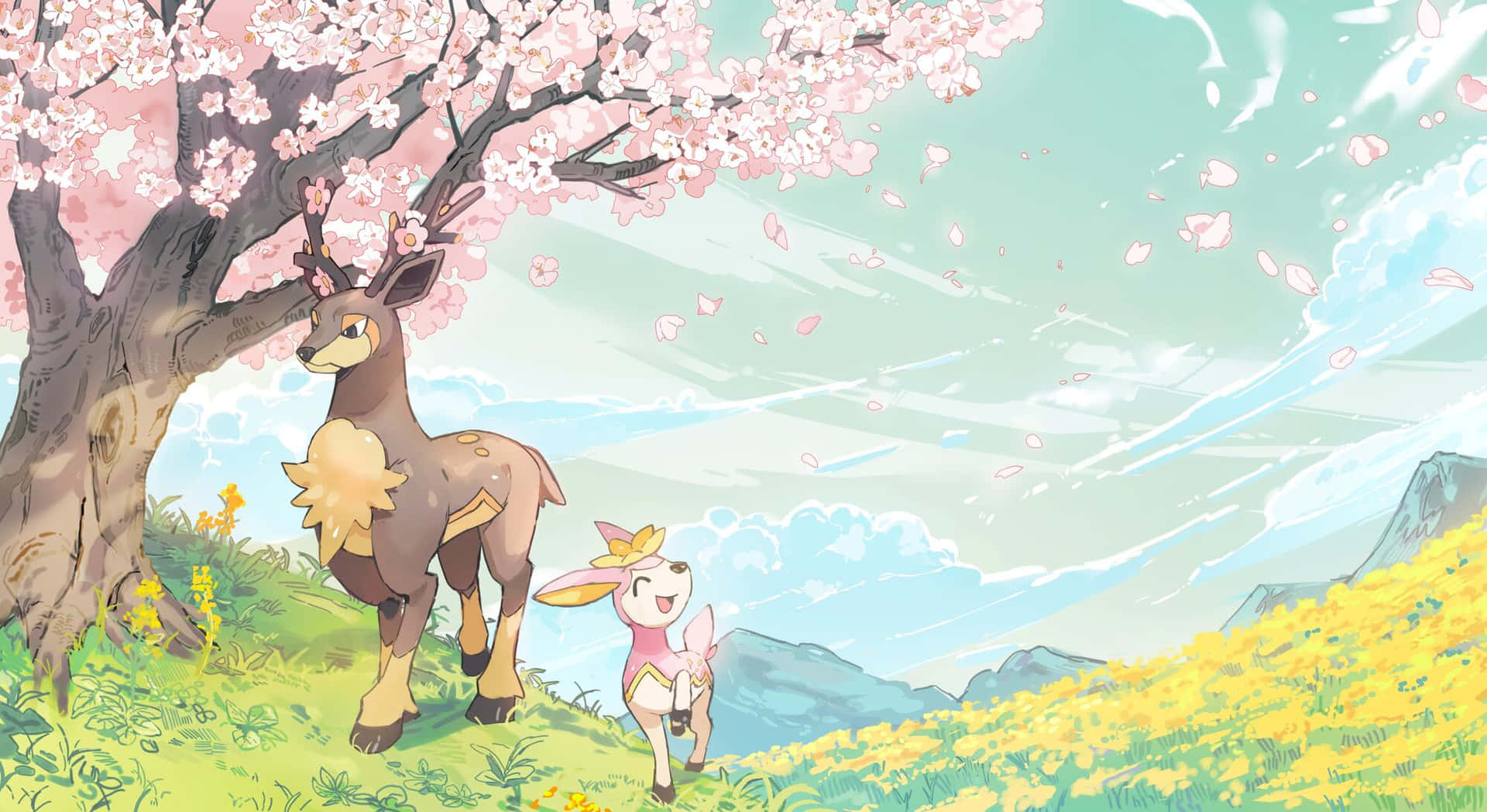 Springtime Deerlingand Sawsbuck Background