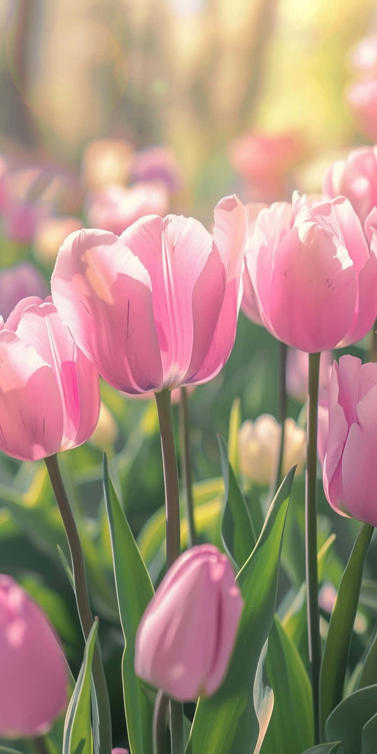 Springtime Pink Tulips Sunlit Garden Background