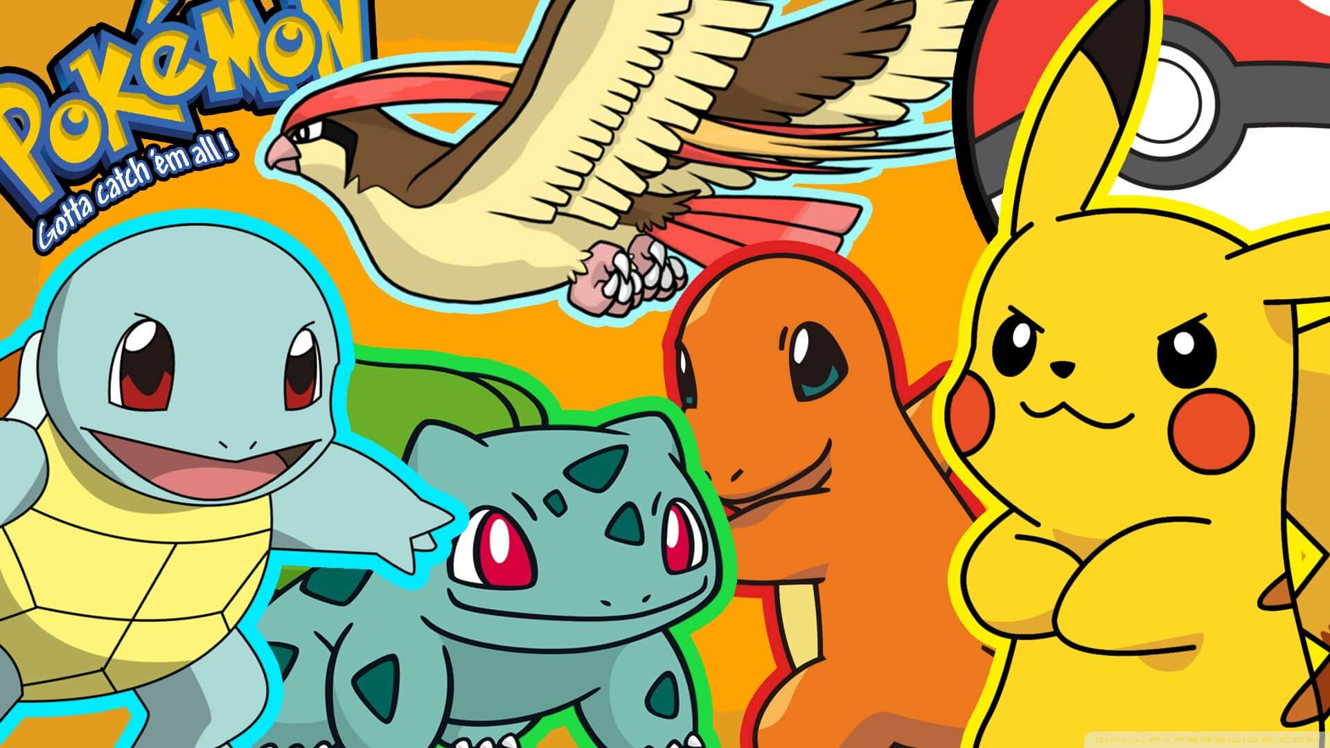 Squirtle, Bulbasaur, Charmander, Pikachu In Pokemon Background