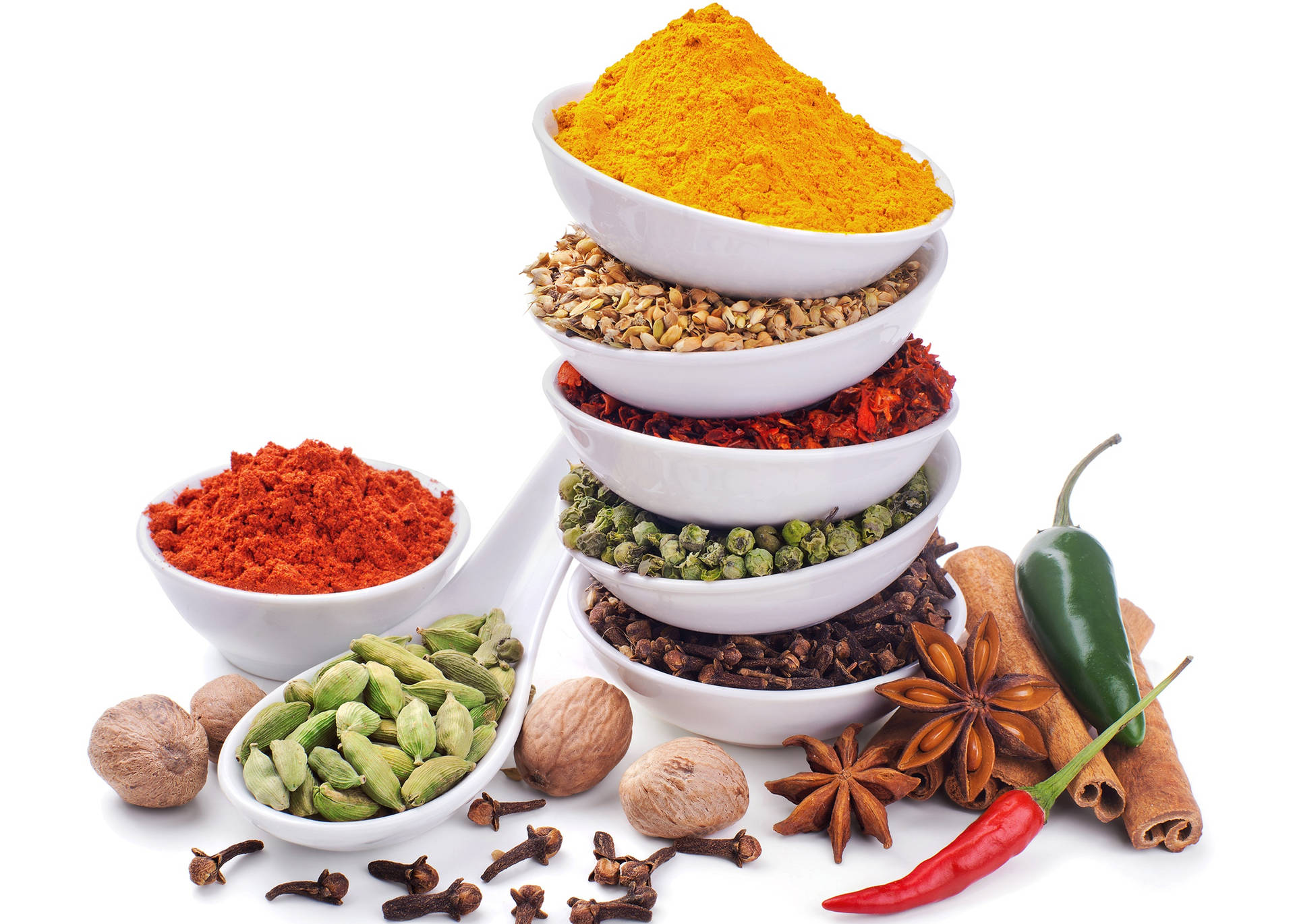 Stack Up Of Spices On Bowls Background