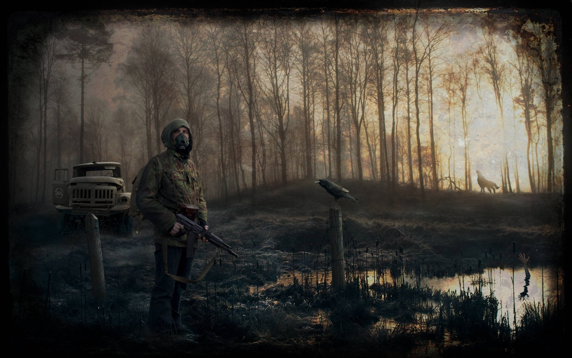 Stalker Soldier By A Marsh Background