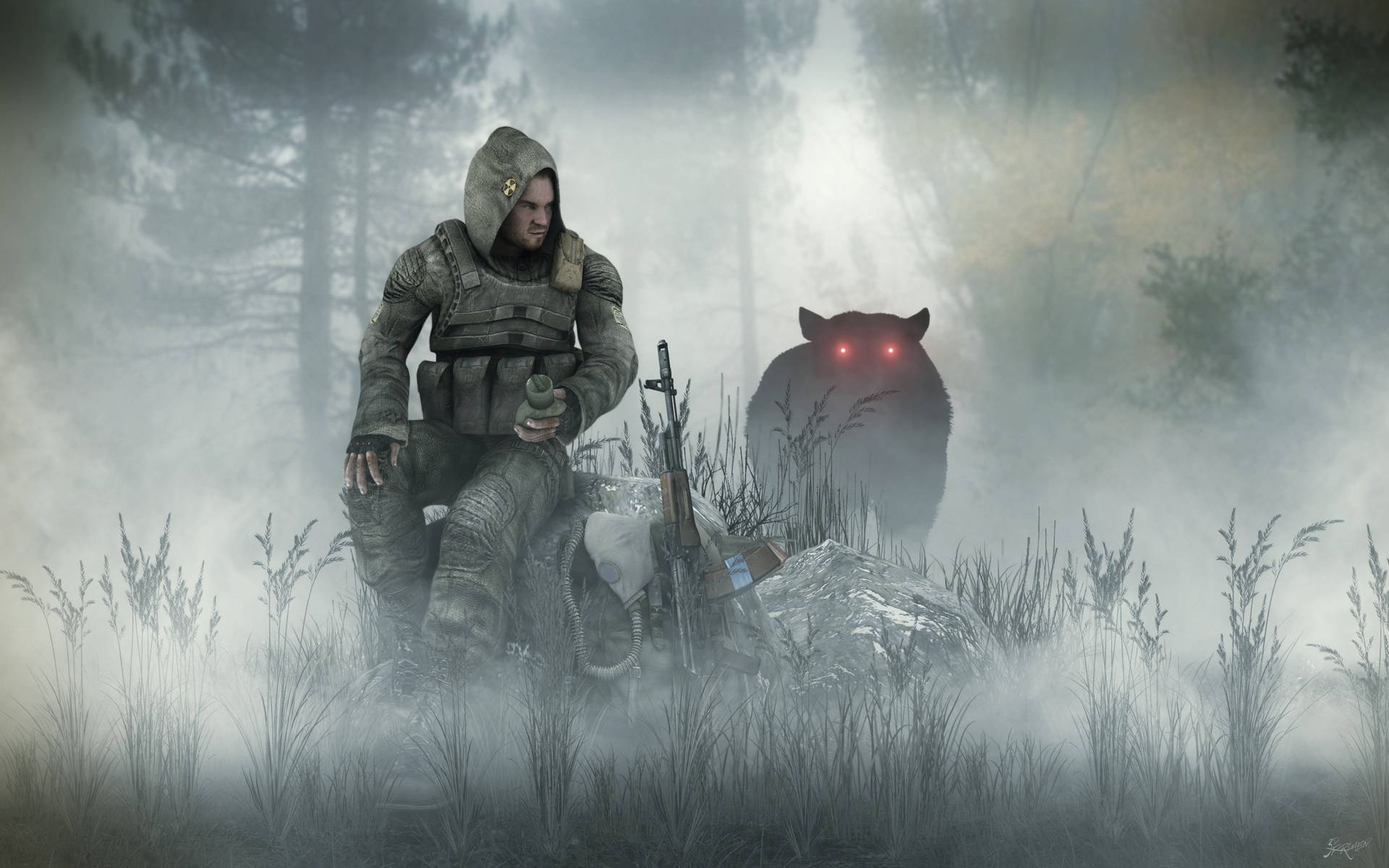 Stalker Soldier With Beast Background