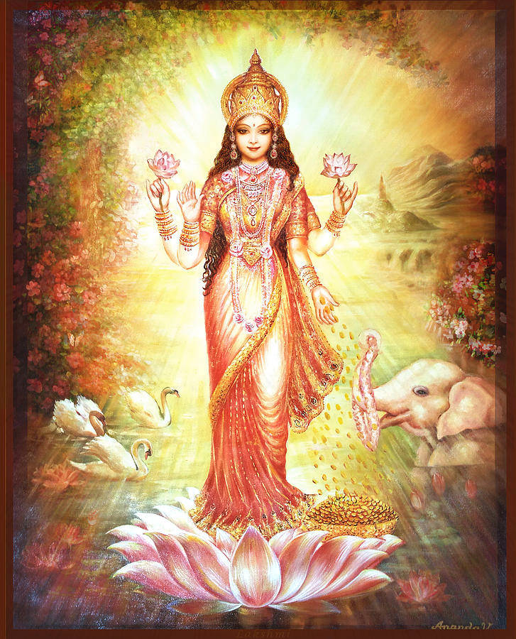 Standing Lakshmi Devi With Animals Background