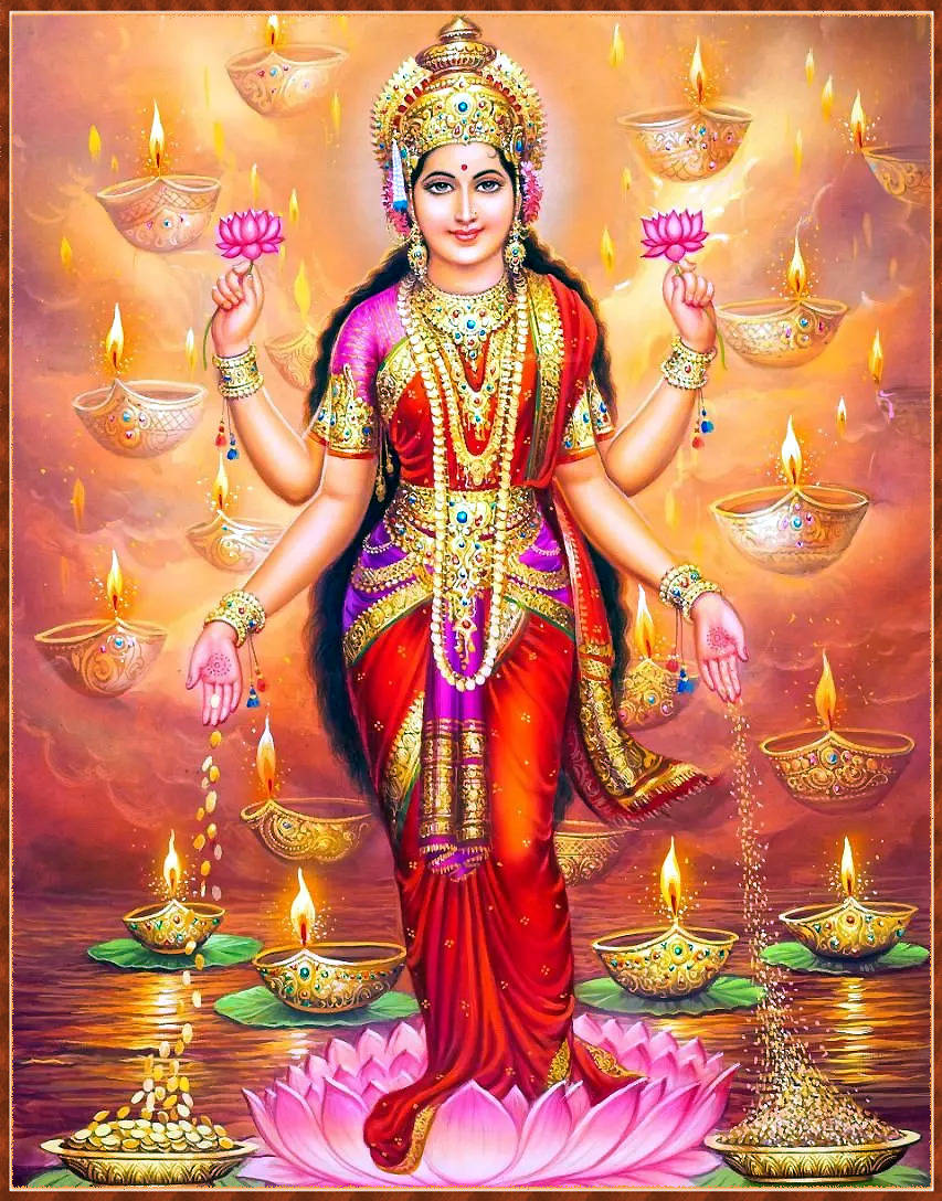 Standing Lakshmi Devi With Lamps Background