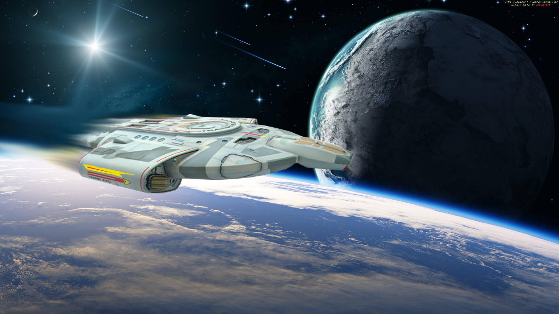 Star Trek Starship Flying Past Two Planets