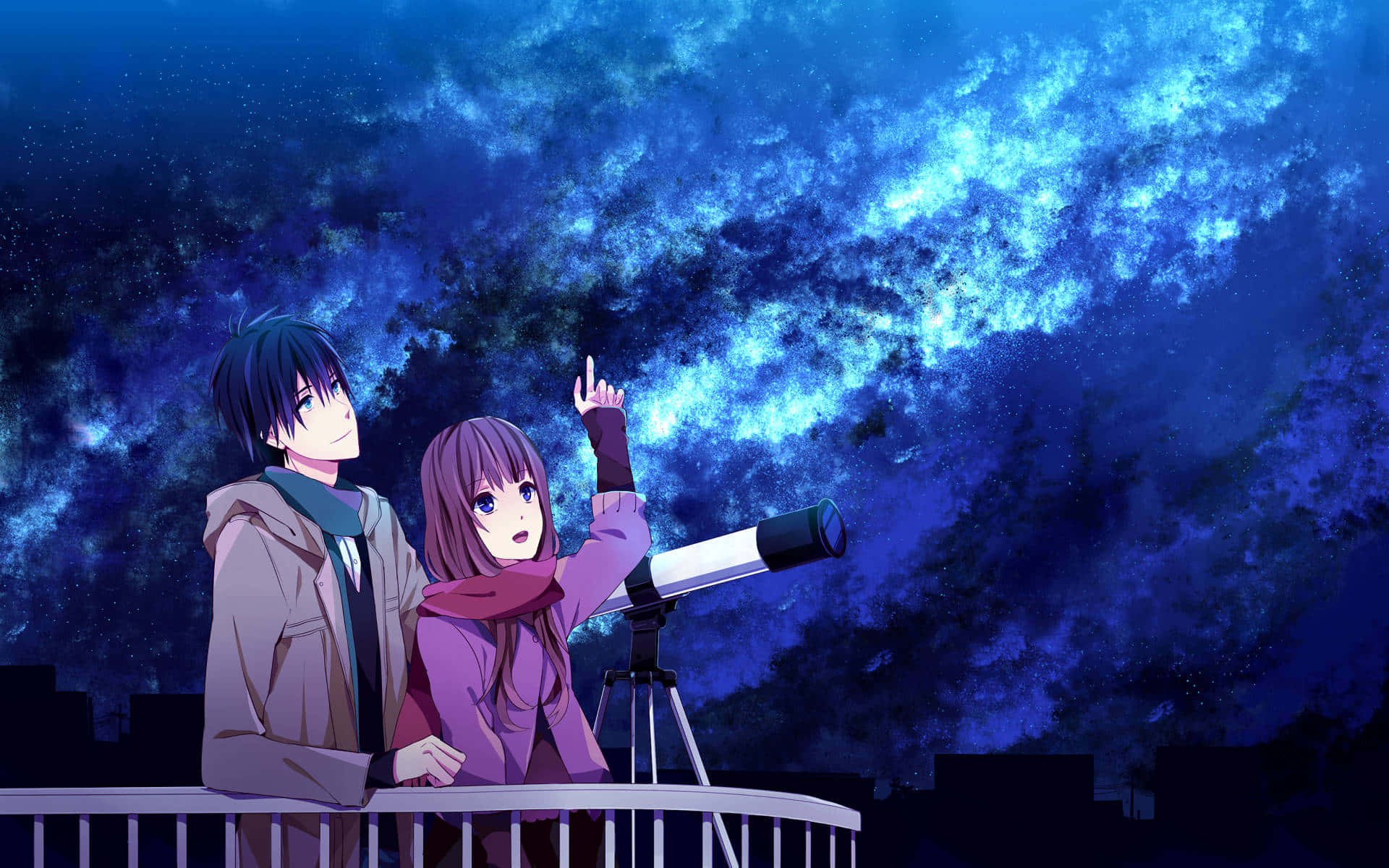 Stargazing Anime Couplewith Telescope Background