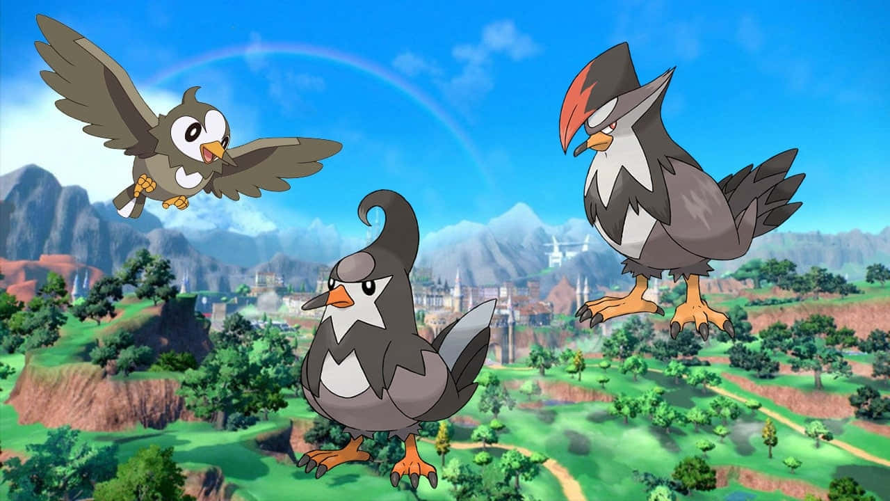 Starly Evolution With Paldea Landscape Background