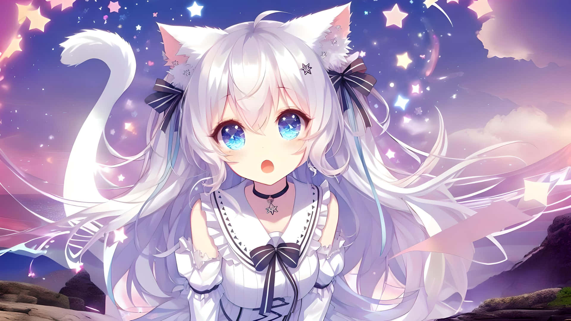 Starry Eyed Anime Catgirl Background