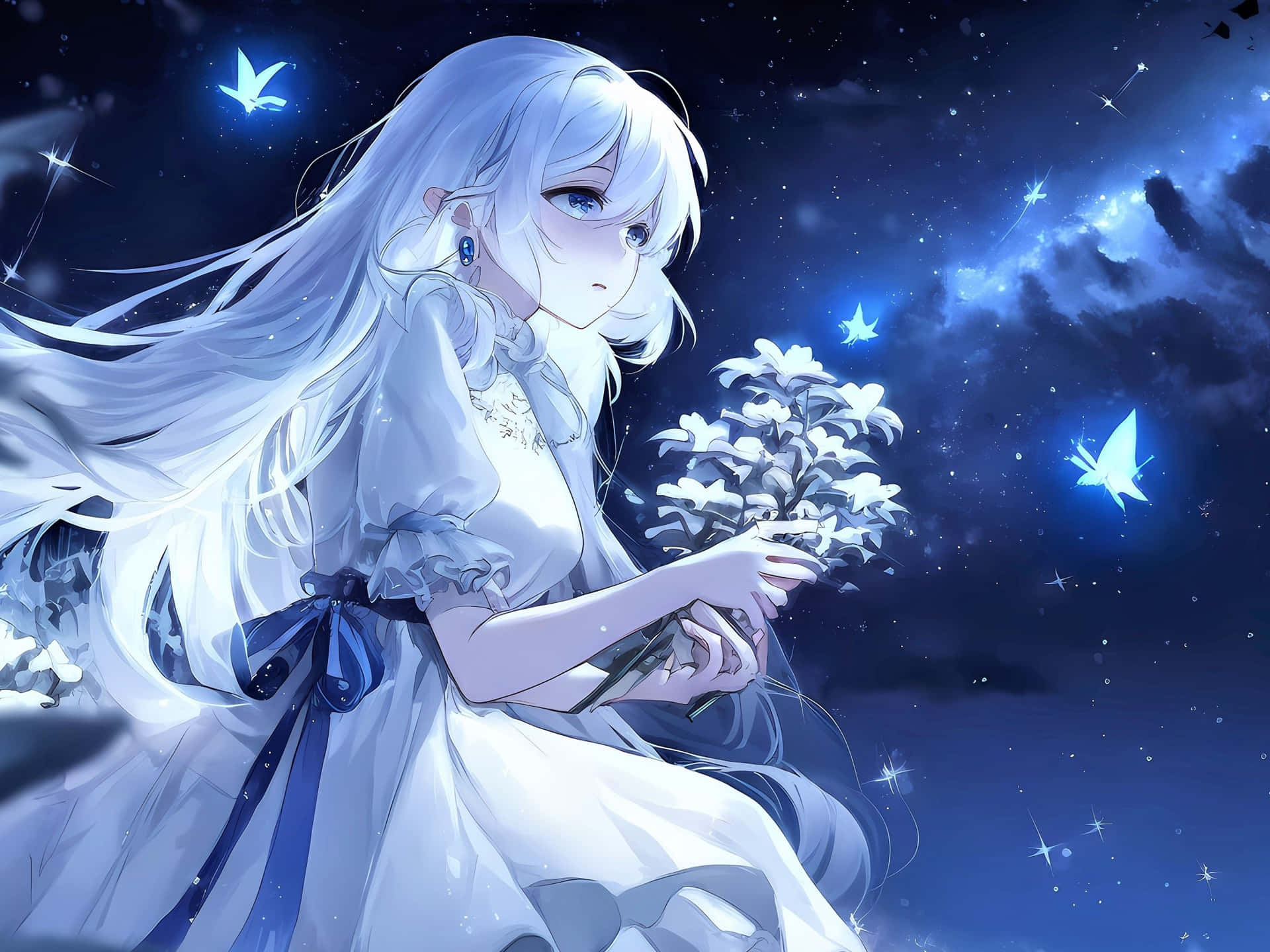 Starry Night Anime Girlwith Flowers Background