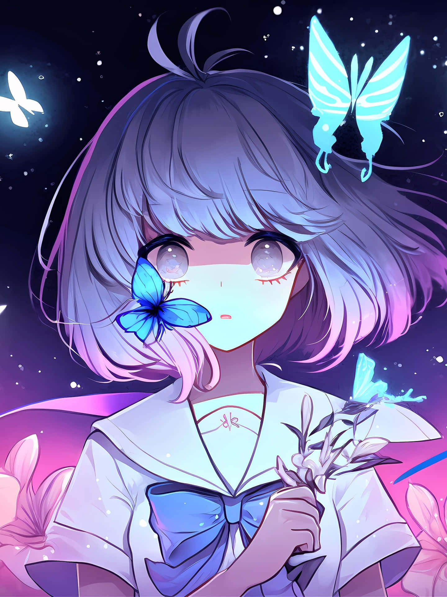 Starry Night Butterfly Anime Girl Background