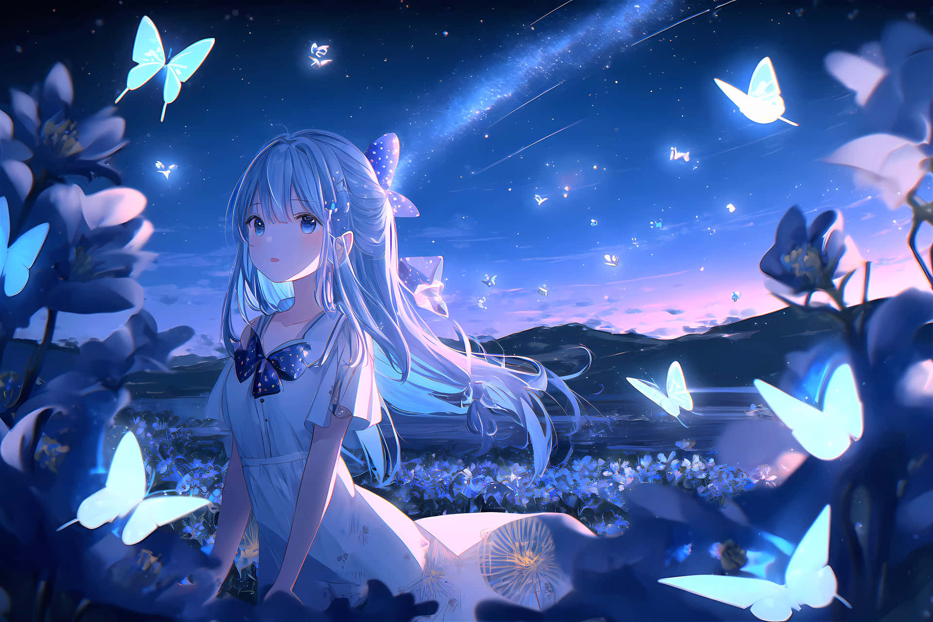 Starry Night Butterfly Girl Anime Background