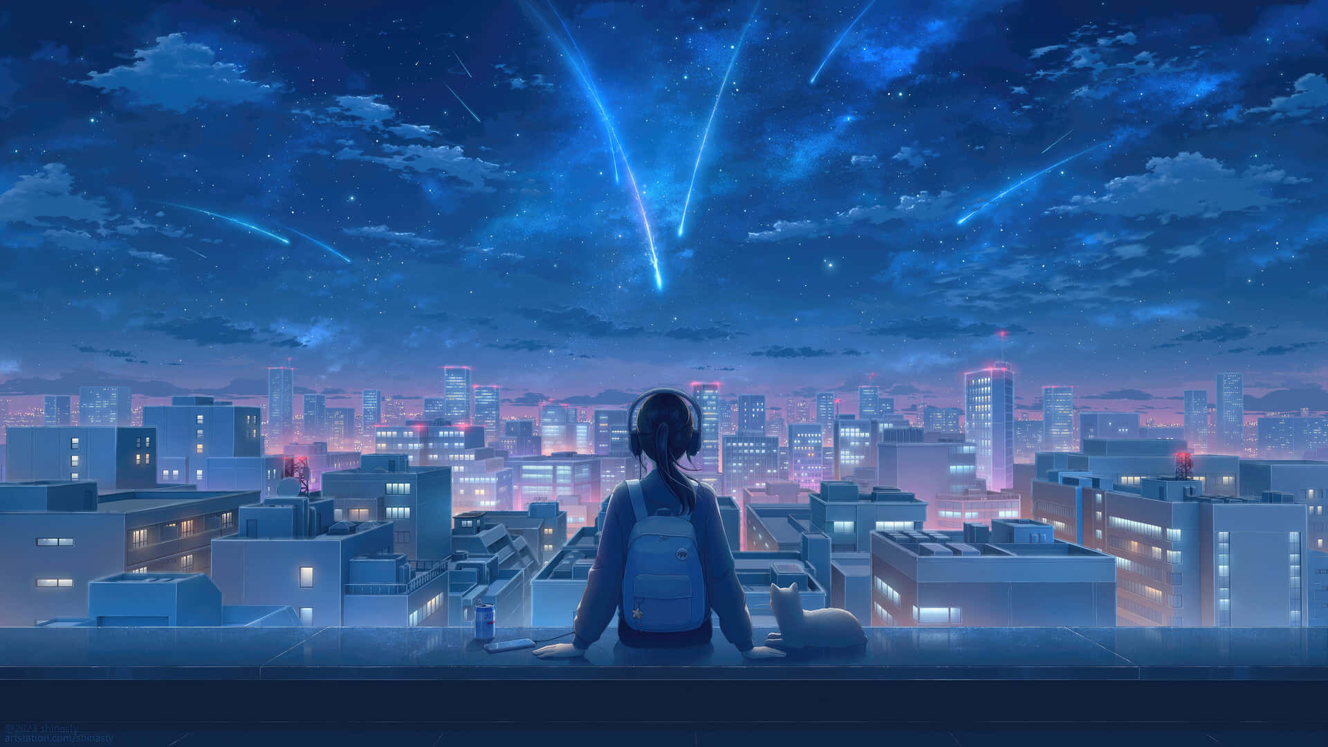Starry Night Cityscape Anime Scene Background