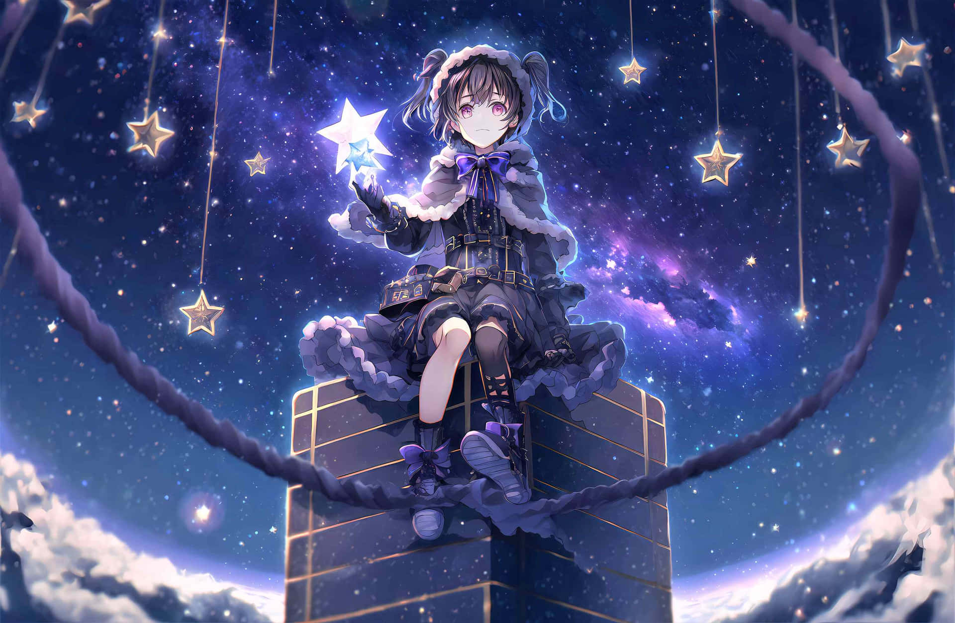 Starry Night Purple Anime Girl Background