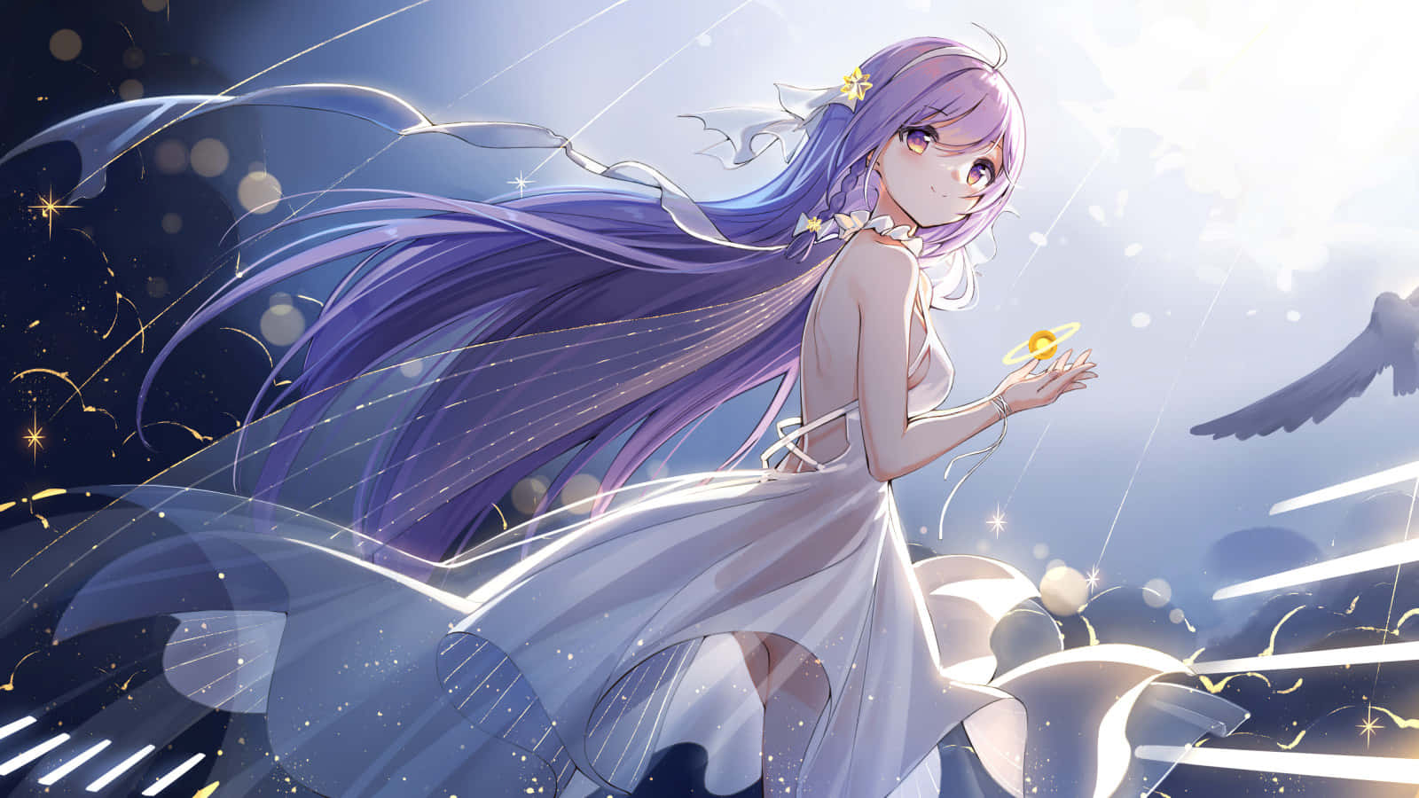 Starry Night Purple Haired Anime Girl Background